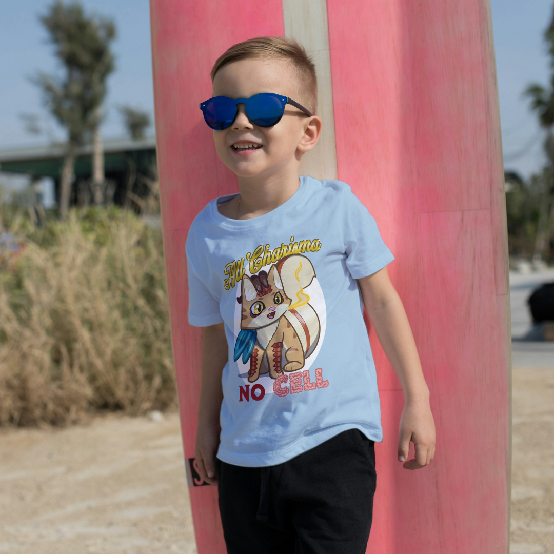 bennie the dragonborn barbarian "all charisma, no cell" kid's t-shirt