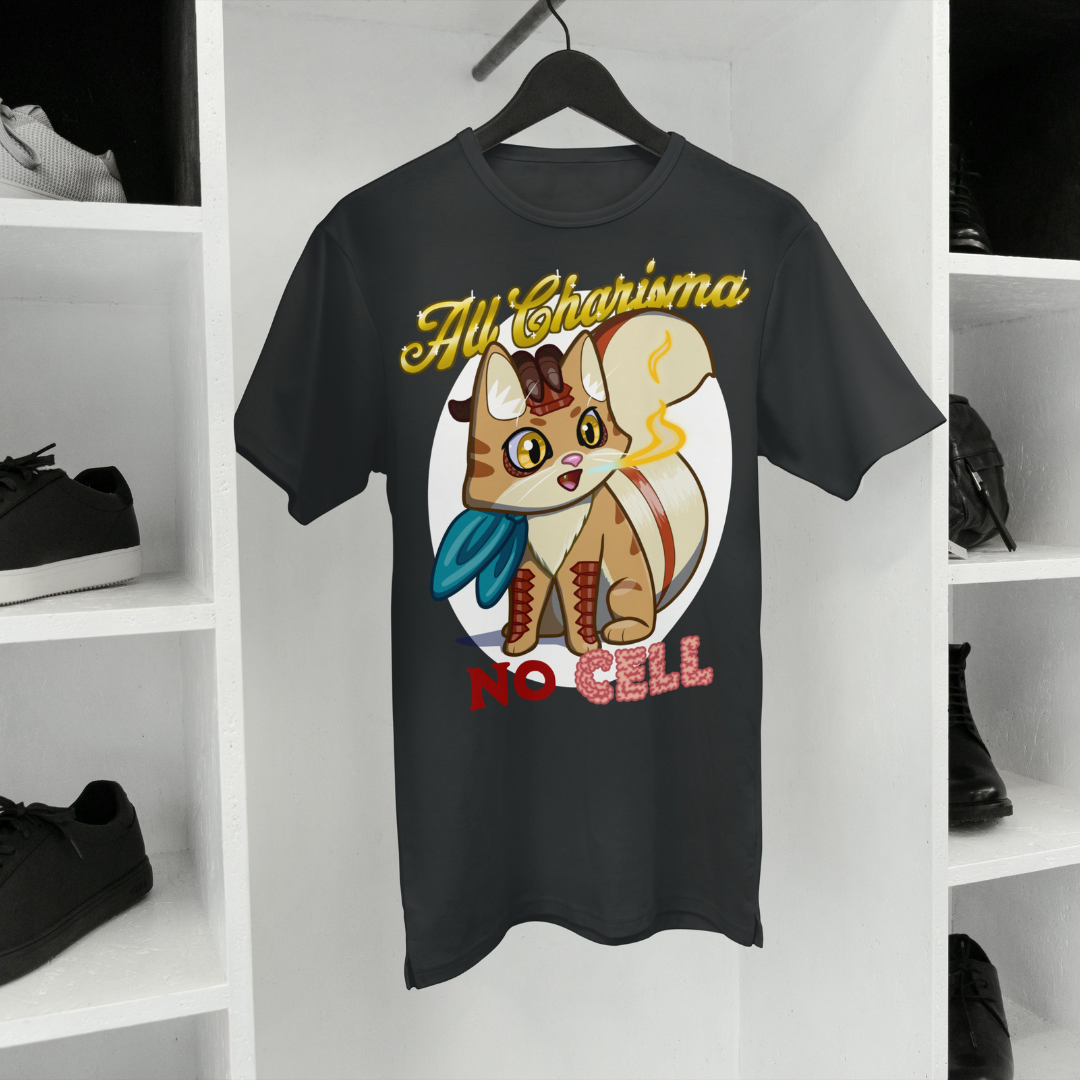 bennie the dragonborn barbarian "all charisma, no cell" t-shirt