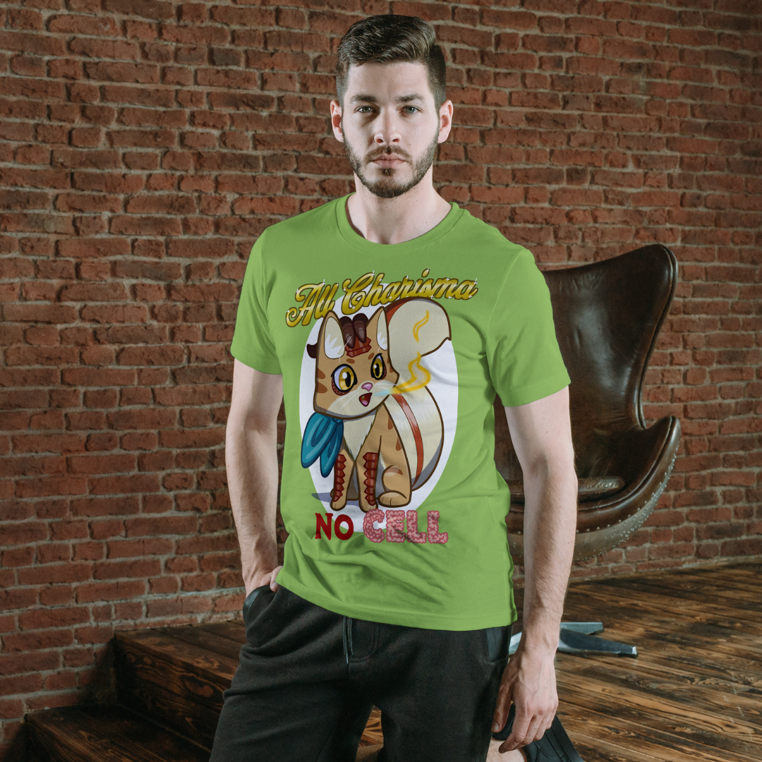 bennie the dragonborn barbarian "all charisma, no cell" t-shirt