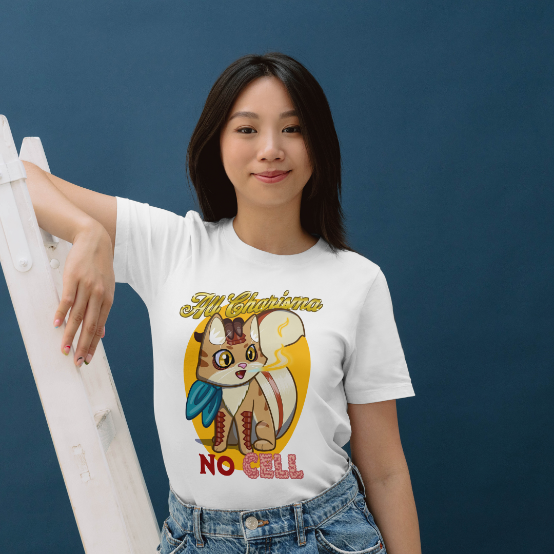 bennie the dragonborn barbarian "all charisma, no cell" t-shirt