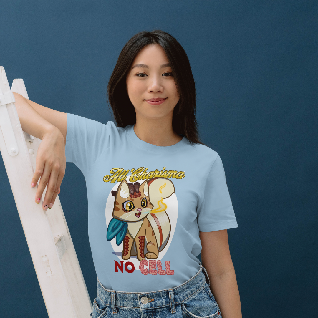 bennie the dragonborn barbarian "all charisma, no cell" t-shirt