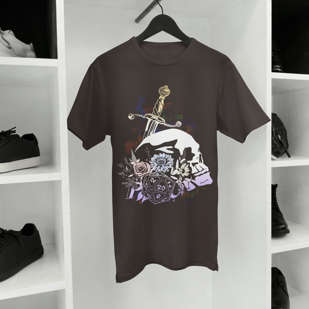 floral dice roller tee – dnd fantasy gamer shirt