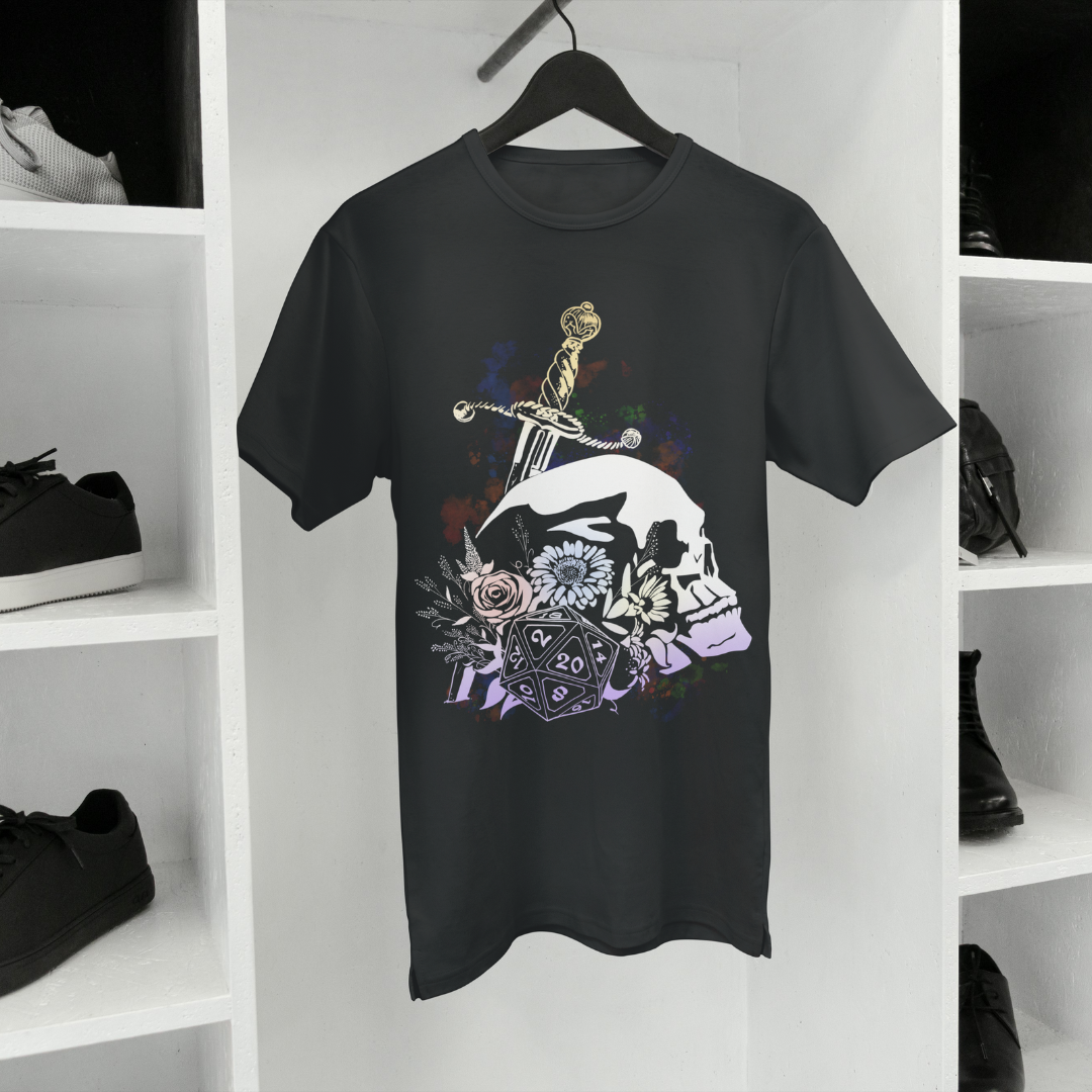 floral dice roller tee – dnd fantasy gamer shirt