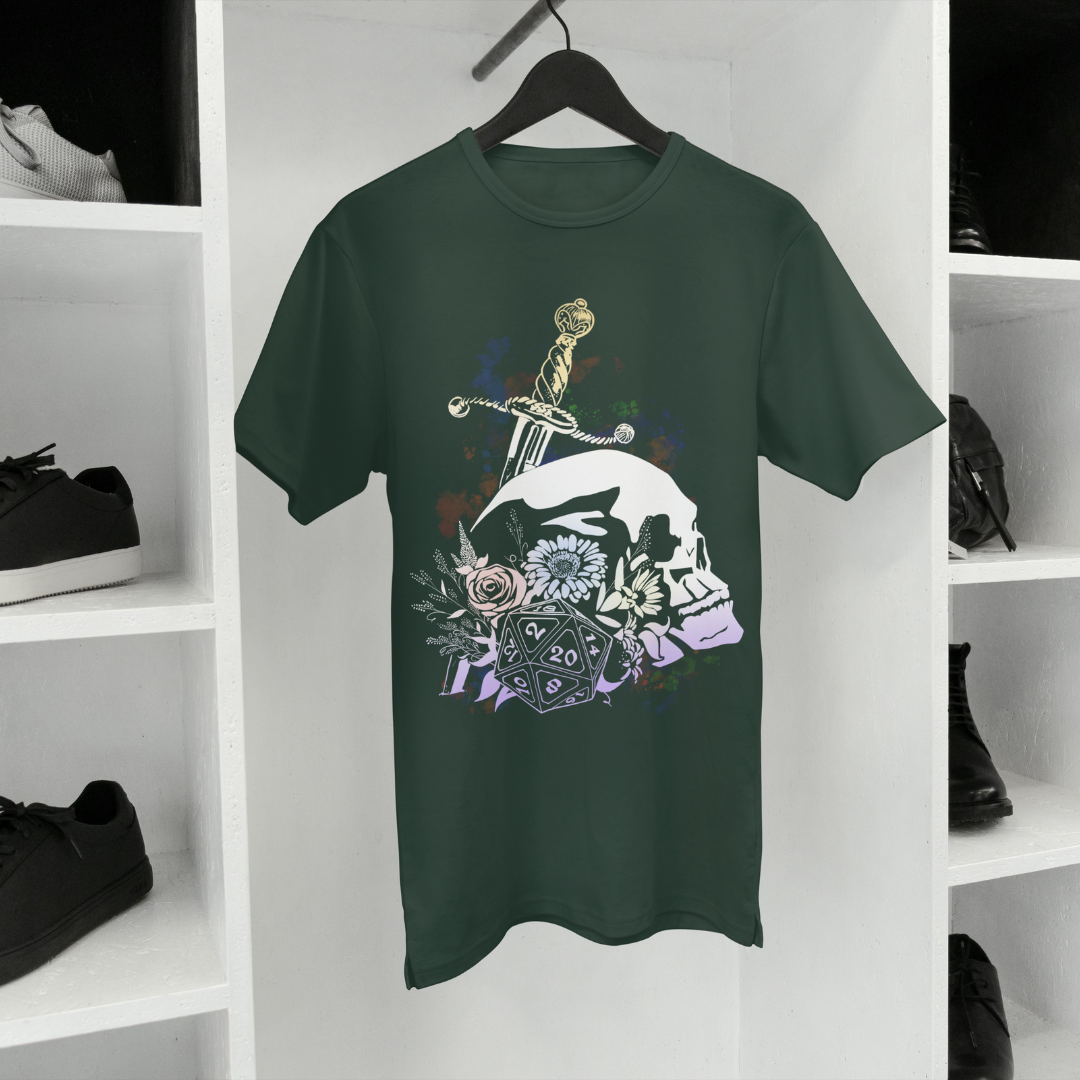 floral dice roller tee – dnd fantasy gamer shirt