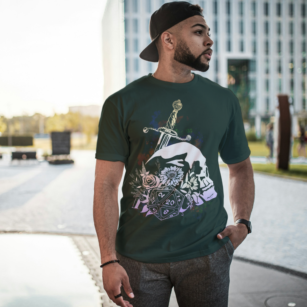 floral dice roller tee – dnd fantasy gamer shirt