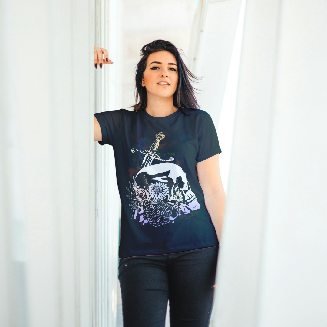 floral dice roller tee – dnd fantasy gamer shirt