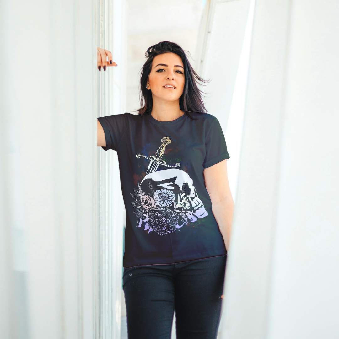 floral dice roller tee – dnd fantasy gamer shirt
