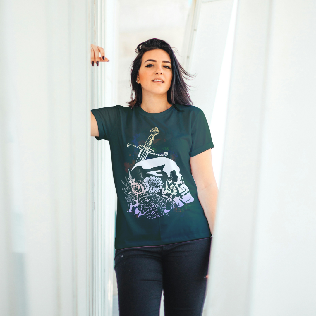 floral dice roller tee – dnd fantasy gamer shirt