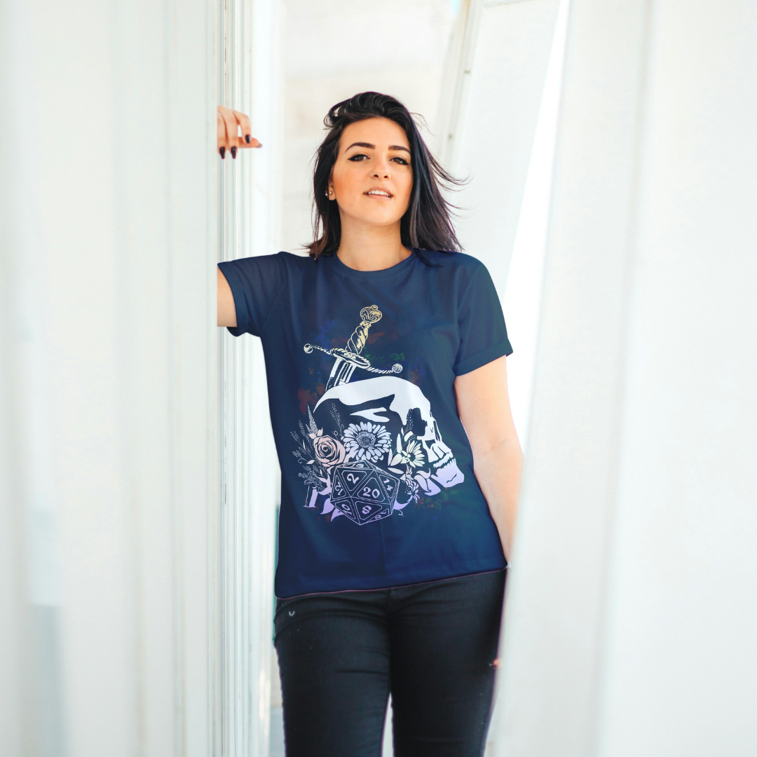 floral dice roller tee – dnd fantasy gamer shirt